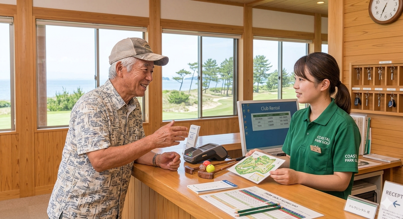 受付でコースの説明を受ける常連の男性