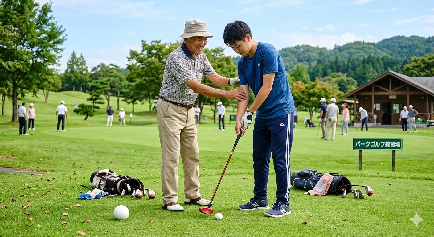 フォームを指導する男性二人の練習風景
